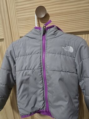 The North Face Gray Puffer Jacket with Purple Trim